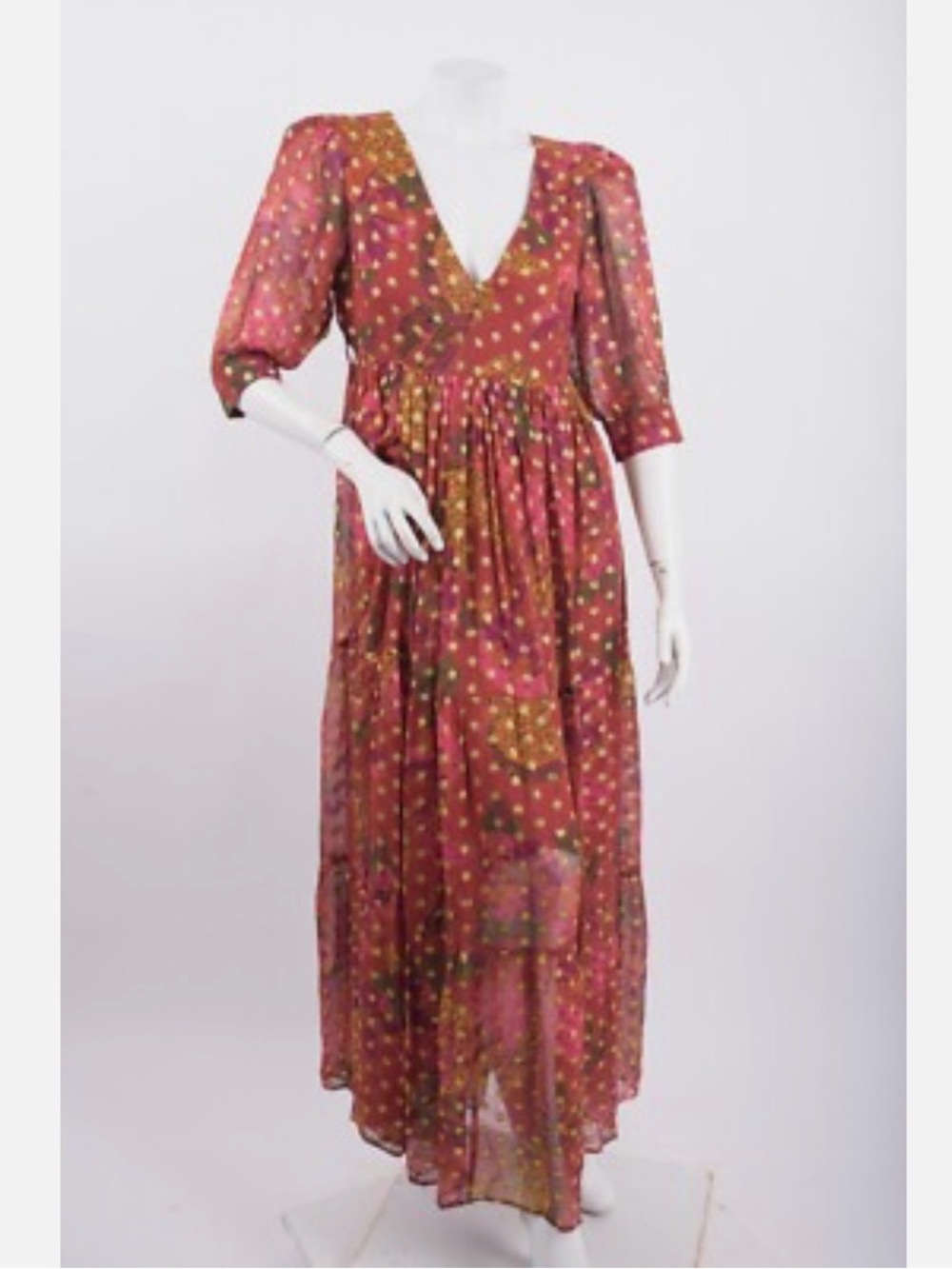 Farm Rio Banana Flowers Maxi Dress Deep Red/Terracotta Metallic Polkadots V-neck